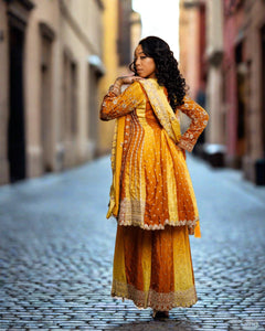 Fancy Silk Heavy Embroidered Shaded Ginger Brown & Amber Yellow Sharara Pants Suit