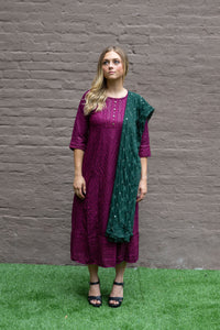 Cotton Georgette Embroidered Purple Wine Gown