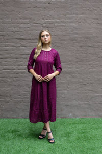 Cotton Georgette Embroidered Purple Wine Gown