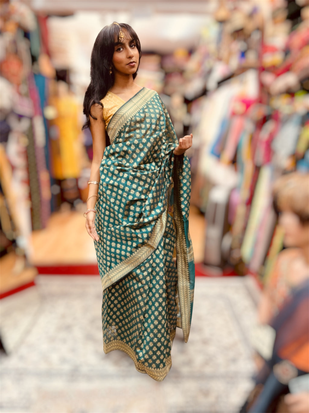 Cotton Silk Deep Teal / Peacock Blue-Green With Gold Zari Leaf