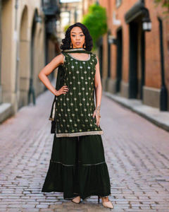 Georgette Embroidered Army Green With Sharara Pants Suit