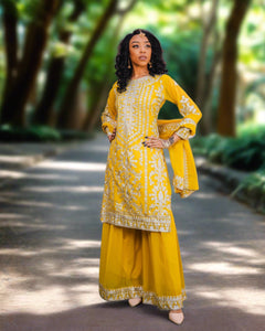 Georgette Embroidered Cadmium Yellow With Sharara Pants Suit