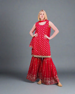 Georgette Embroidered Crayola Red With Sharara Pants Suit