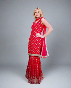 Georgette Embroidered Crayola Red With Sharara Pants Suit