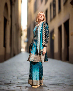 Fancy Silk Heavy Embroidered Shaded Dark & Light Peacock Blue Sharara Pants Suit