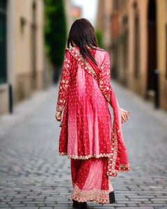 Fancy Silk Heavy Embroidered Shaded Watermelon Pink & Dark Burgundy Sharara Pants Suit