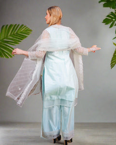 Fancy Silk & Net Embroidered Baby Blue Palazzo Suit