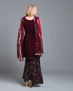 Georgette Embroidered Burgundy Wine With Sharara Pants Suit