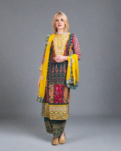 Fancy Silk Georgette Embroidered Shaded Capsicum Yellow And Pine Green Palazzo Suit