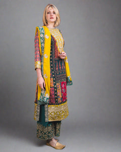 Fancy Silk Georgette Embroidered Shaded Capsicum Yellow And Pine Green Palazzo Suit