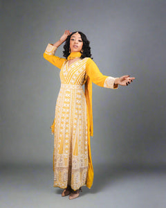 Silk Georgette Embroidered Golden Rod Yellow Anarkali / Gown with Belt Silk Georgette Embroidered Golden Rod Yellow Anarkali / Gown with Belt