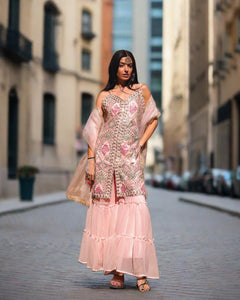 Fancy Embroidered Georgette Silk Peachy Pink Ruffle Sharara Suit