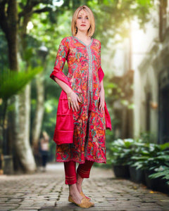 Cotton Silk Fiery Rose Pink Floral Printed Palazzo Suit