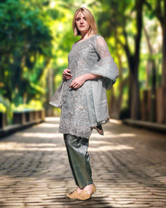 Fancy Silk Embroidered Spanish Grey Palazzo Suit