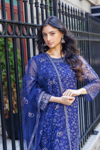 Fancy Silk Soft Net Embroidered Indigo Blue Salwar Kameez