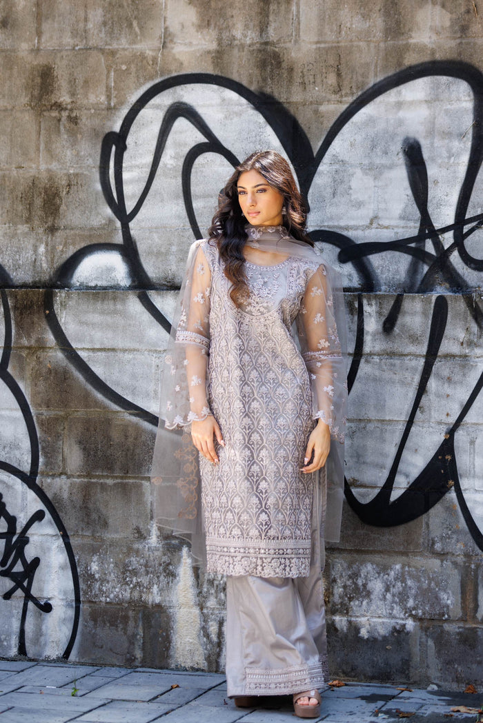 Fancy Silk Embroidered Spanish Grey Palazzo Suit
