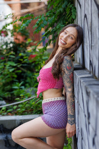Ruchi's Handmade Crochet Fuchsia Hot Pink Crop Top & Multi Colored Shorts