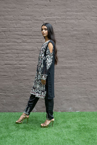 Fancy Heavy Embroidered Black With Ankle Pants Suit