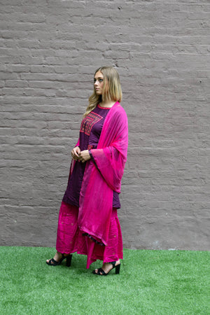 Fancy Cotton Silk Embroidered Wine With Fuchsia Sharara Suit