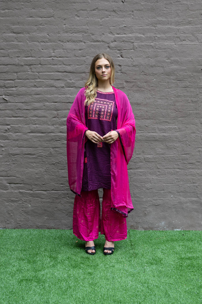 Fancy Cotton Silk Embroidered Wine With Fuchsia Sharara Suit