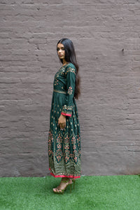 Cotton Block Printed Pine Green Gown