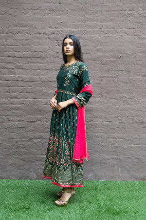 Cotton Block Printed Pine Green Gown