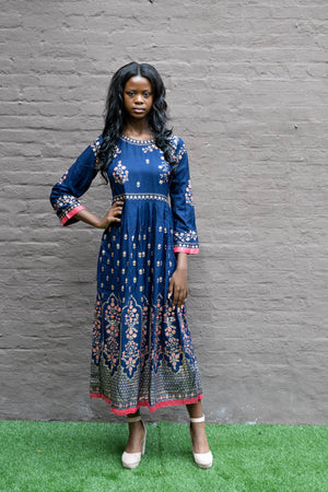 Cotton Block Printed Navy Blue Gown