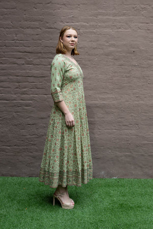 Cotton Block Printed Light Olive Green Gown