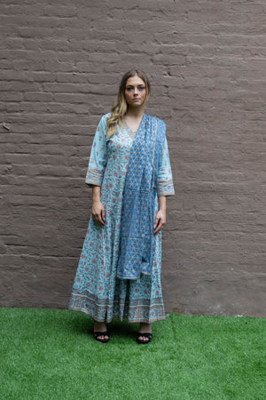 Cotton Block Printed Columbia Blue Gown