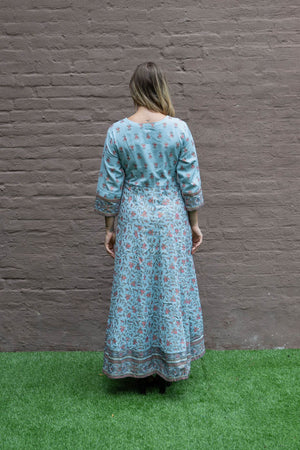 Cotton Block Printed Columbia Blue Gown