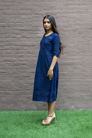 Cotton Georgette Embroidered Navy Blue Gown