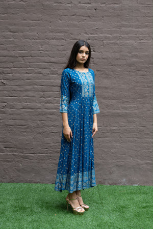 Cotton Block Printed True Blue Anarkali/ Gown