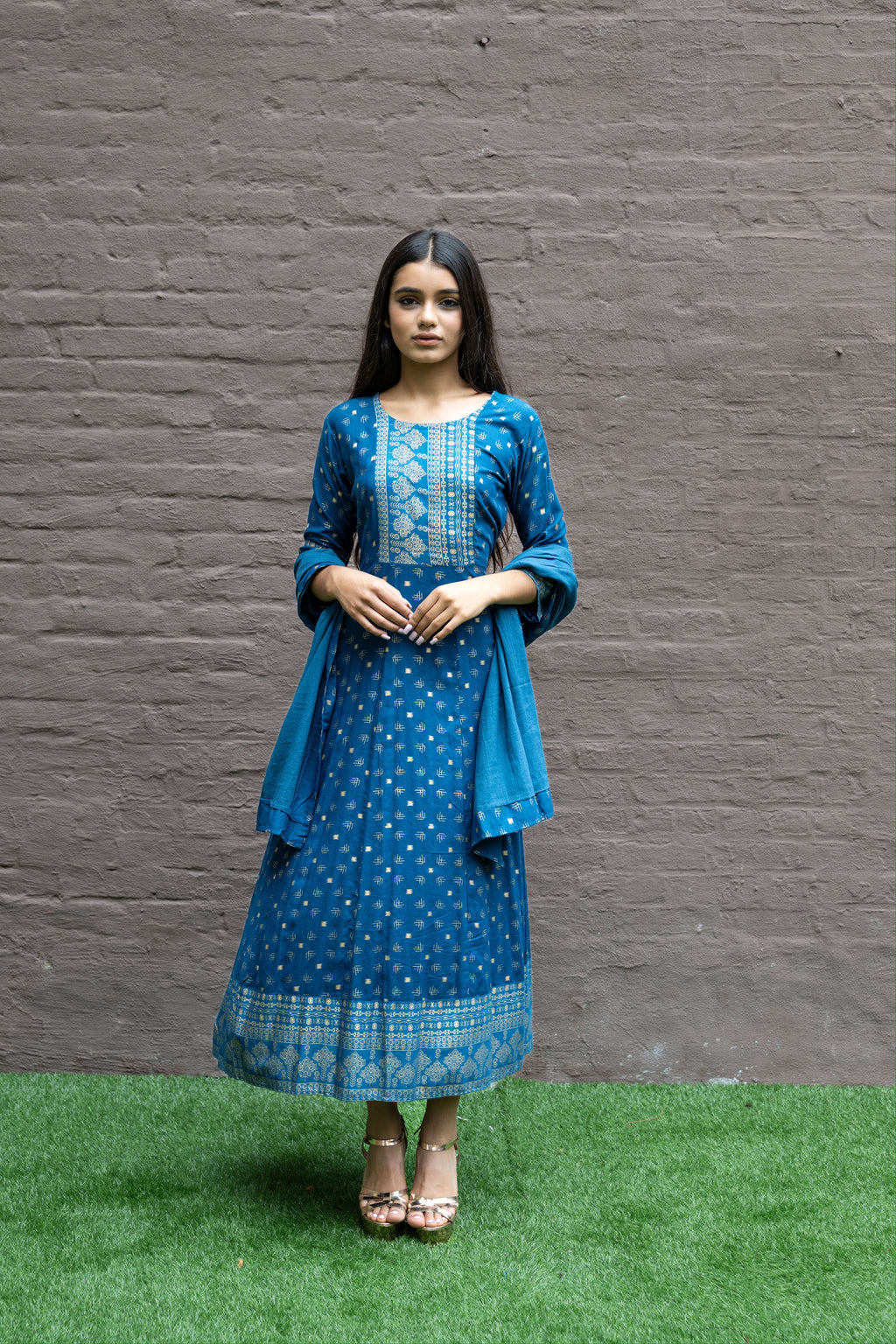 Cotton Block Printed True Blue Anarkali/ Gown