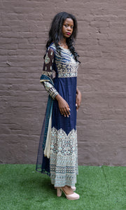 Silk & Net Embroidered  Navy Blue Gown