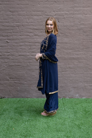 Fancy Silk Embroidered Navy Blue Palazzo Suit