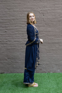 Fancy Silk Embroidered Navy Blue Palazzo Suit