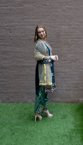 Fancy Silk Embroidered Sea Blue With Contrast Basil Green Palazzo Suit