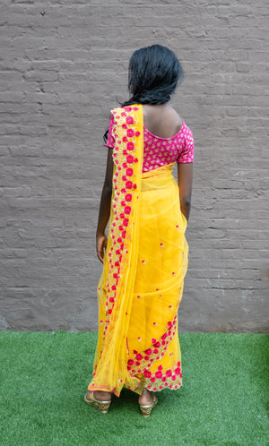 Silk Soft Net Embroidered  Golden Yellow Fully Pleated Saree