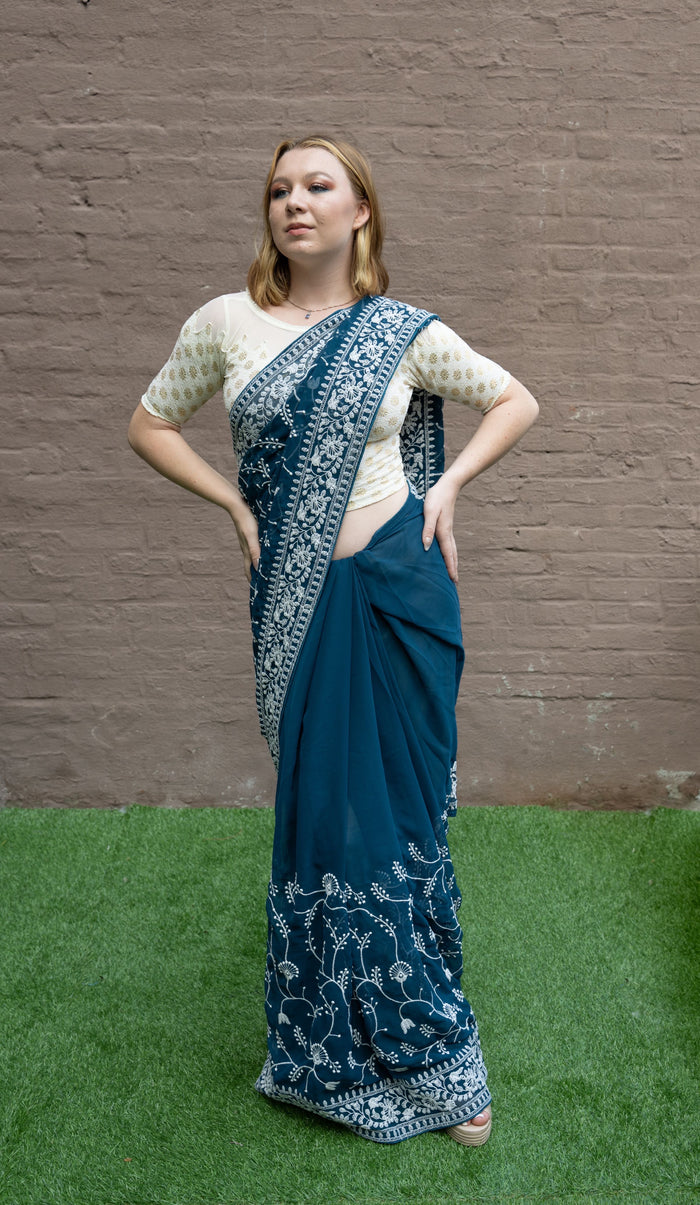 Georgette Silk Embroidered Teal Blue Fully Pleated Saree