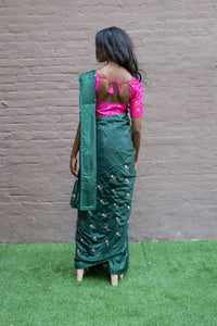 Silk Embroidered Castleton Green Fully Pleated Saree