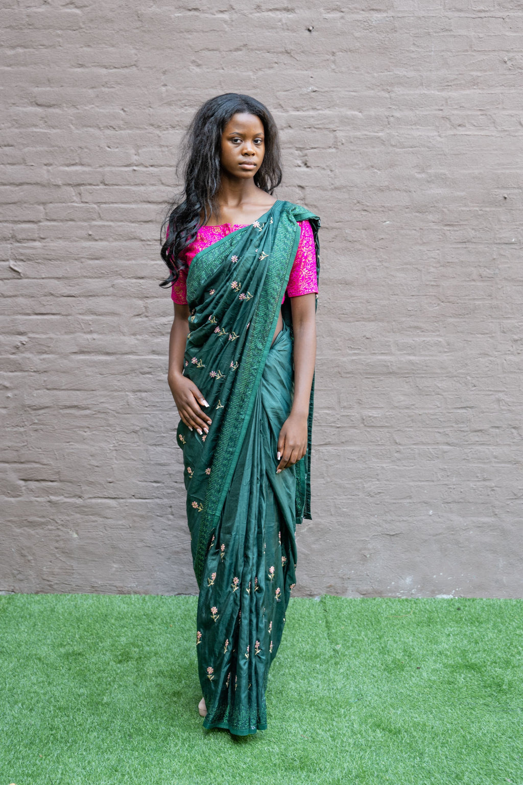 Silk Embroidered Castleton Green Fully Pleated Saree