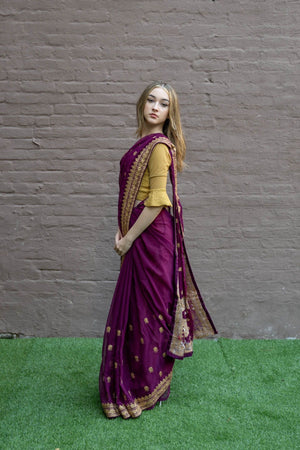 Silk Georgette Embroidered  Boysenberry Wine Fully Pleated Saree