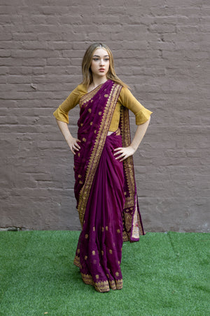 Silk Georgette Embroidered  Boysenberry Wine Fully Pleated Saree