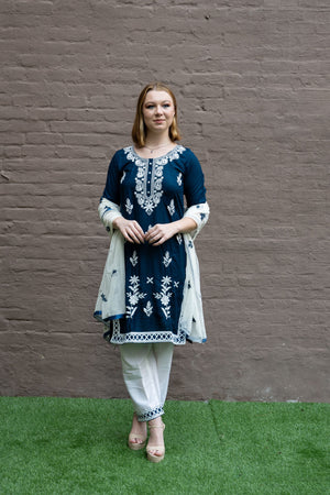 Fancy Cotton Silk Embroidered Prussian Blue Salwar Kameez