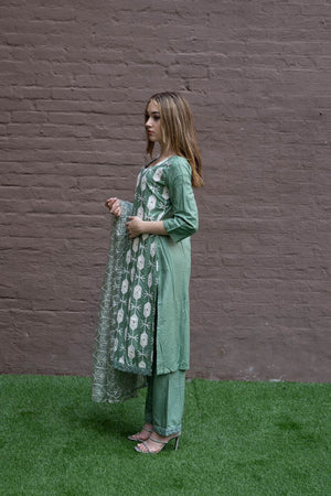 Fancy Cotton Silk Embroidered Acadia Green Palazzo Suit