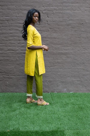 Cotton Embroidered Golden Yellow With Contrast Olive Green Straight pants Set