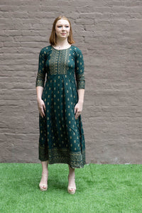 Cotton Block Printed Hunter Green  Anarkali/ Gown