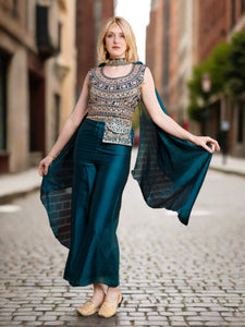 Fancy Silk Embroidered Ocean Blue With Palazzo Pants Set