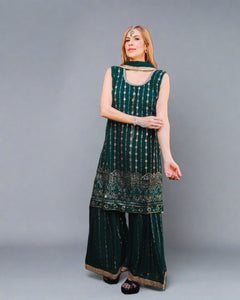 Georgette Embroidered Sherpa Green With Sharara Pants Suit