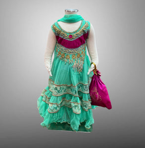 Silk & Net Embroidered Seafoam Green & Magenta Pink Girl's Gown 16 ( 1-2 Yrs ) Silk & Net Embroidered Seafoam Green & Magenta Pink Girl's Gown 16 ( 1-2 Yrs )